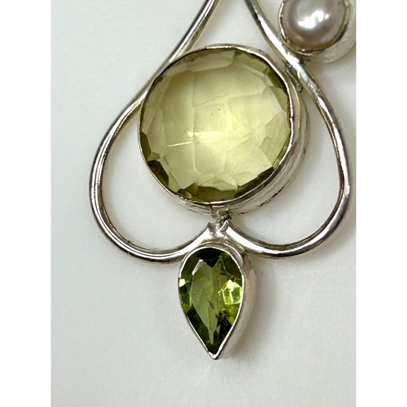 Women’s Pendant Necklace Italy Peridot Pearl S925 Sterling Silver 18” Vintage - Picture 10 of 17